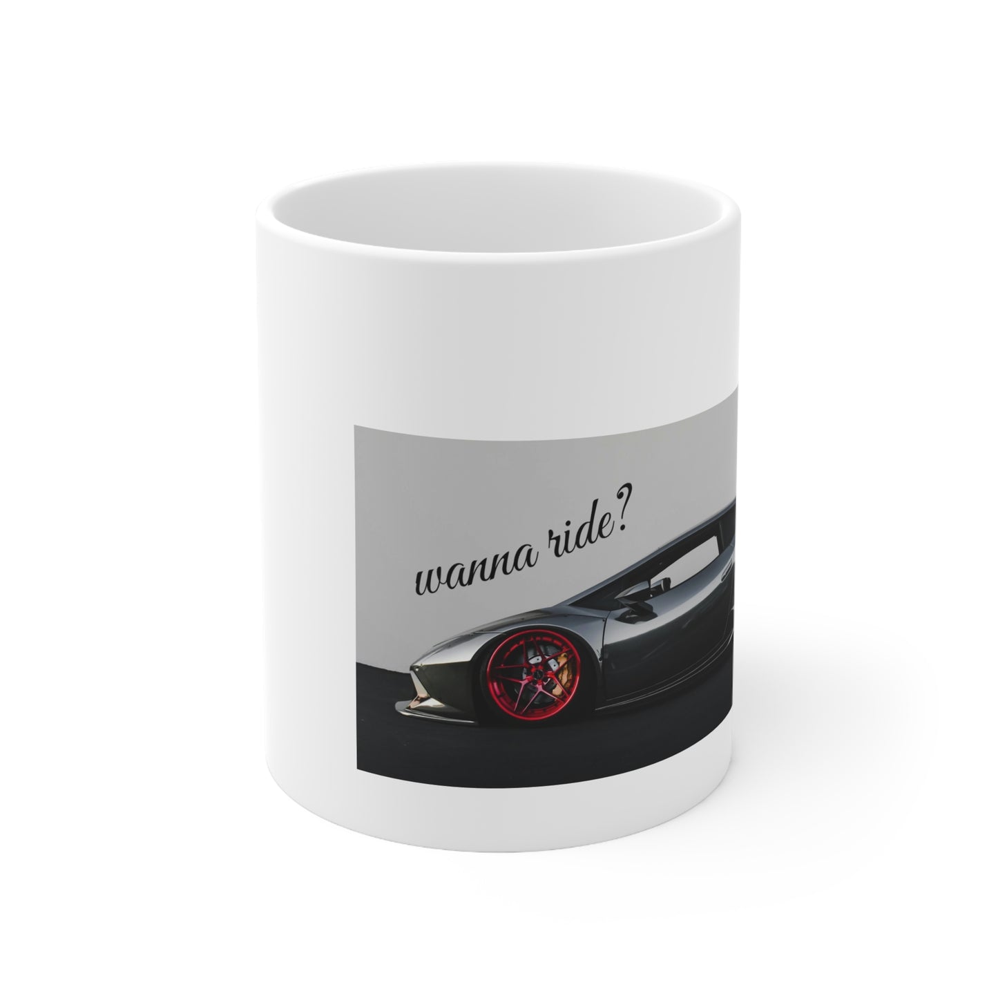 Wanna Ride? – Lamborghini Side View White Mug